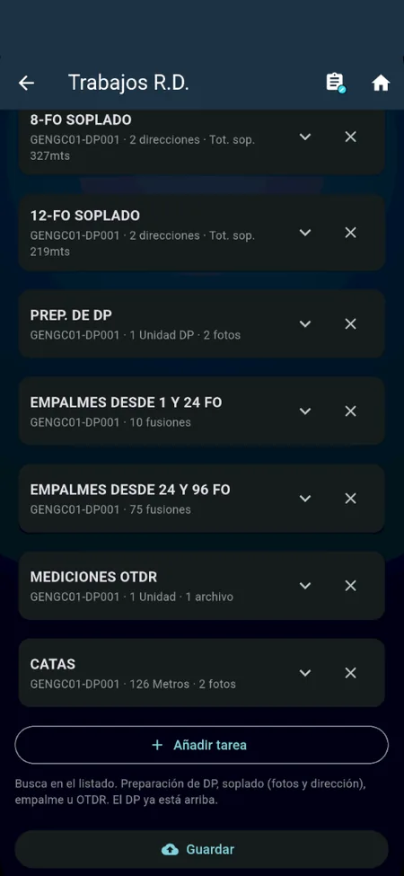 Captura de la app: trabajos del DP